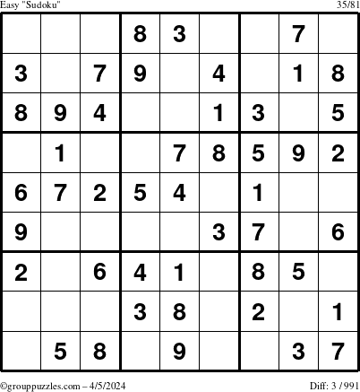 The grouppuzzles.com Easy Sudoku puzzle for Friday April 5, 2024