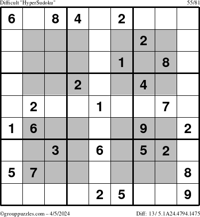The grouppuzzles.com Difficult HyperSudoku puzzle for Friday April 5, 2024