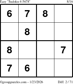 The grouppuzzles.com Easy Sudoku-4-5678 puzzle for Friday January 23, 2026