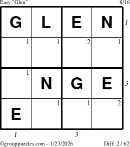 The grouppuzzles.com Easy Glen puzzle for Friday January 23, 2026, suitable for printing, with all 2 steps marked