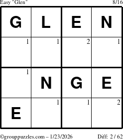 The grouppuzzles.com Easy Glen puzzle for Friday January 23, 2026 with the first 2 steps marked