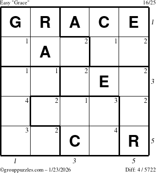The grouppuzzles.com Easy Grace puzzle for Friday January 23, 2026, suitable for printing, with all 4 steps marked