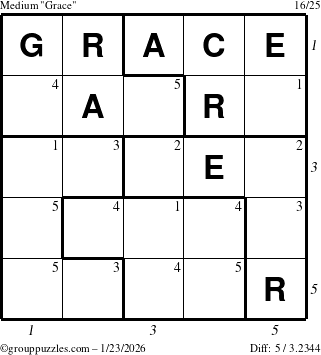The grouppuzzles.com Medium Grace puzzle for Friday January 23, 2026 with all 5 steps marked