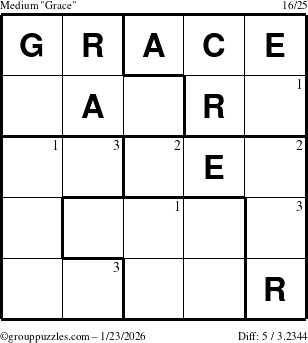 The grouppuzzles.com Medium Grace puzzle for Friday January 23, 2026 with the first 3 steps marked