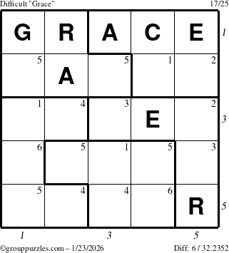 The grouppuzzles.com Difficult Grace puzzle for Friday January 23, 2026, suitable for printing, with all 6 steps marked