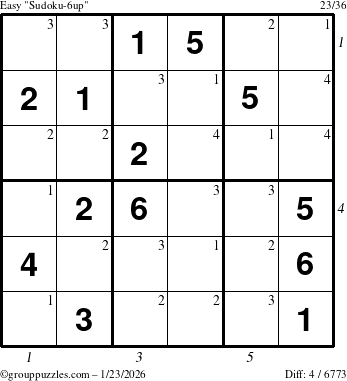 The grouppuzzles.com Easy Sudoku-6up puzzle for Friday January 23, 2026 with all 4 steps marked