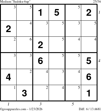 The grouppuzzles.com Medium Sudoku-6up puzzle for Friday January 23, 2026, suitable for printing, with all 6 steps marked