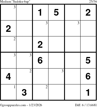 The grouppuzzles.com Medium Sudoku-6up puzzle for Friday January 23, 2026 with the first 3 steps marked