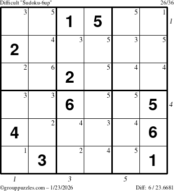 The grouppuzzles.com Difficult Sudoku-6up puzzle for Friday January 23, 2026, suitable for printing, with all 6 steps marked