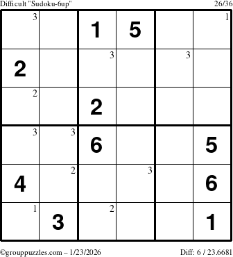 The grouppuzzles.com Difficult Sudoku-6up puzzle for Friday January 23, 2026 with the first 3 steps marked