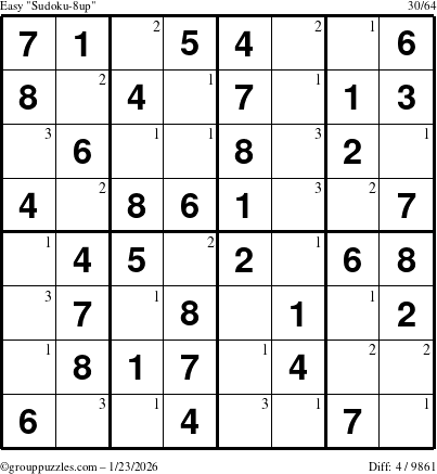 The grouppuzzles.com Easy Sudoku-8up puzzle for Friday January 23, 2026 with the first 3 steps marked