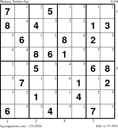 The grouppuzzles.com Medium Sudoku-8up puzzle for Friday January 23, 2026 with all 6 steps marked