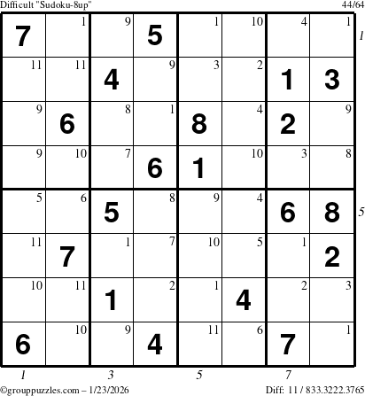 The grouppuzzles.com Difficult Sudoku-8up puzzle for Friday January 23, 2026, suitable for printing, with all 11 steps marked