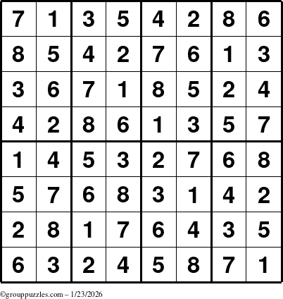 The grouppuzzles.com Answer grid for the Sudoku-8up puzzle for Friday January 23, 2026