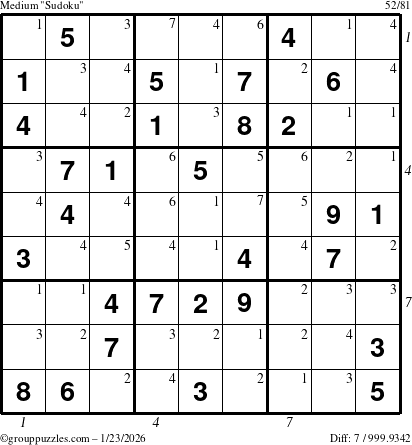 The grouppuzzles.com Medium Sudoku puzzle for Friday January 23, 2026, suitable for printing, with all 7 steps marked