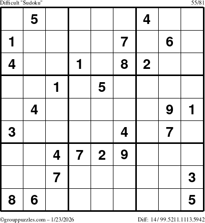 The grouppuzzles.com Difficult Sudoku puzzle for Friday January 23, 2026