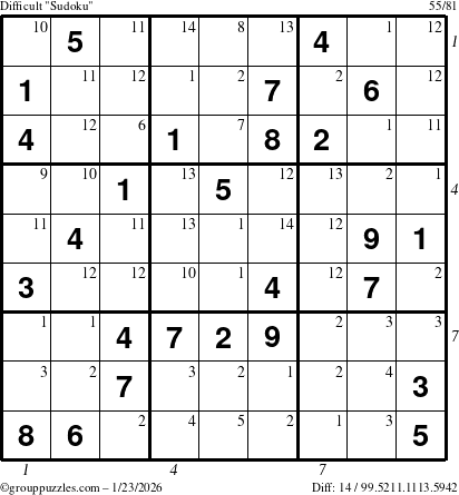 The grouppuzzles.com Difficult Sudoku puzzle for Friday January 23, 2026 with all 14 steps marked
