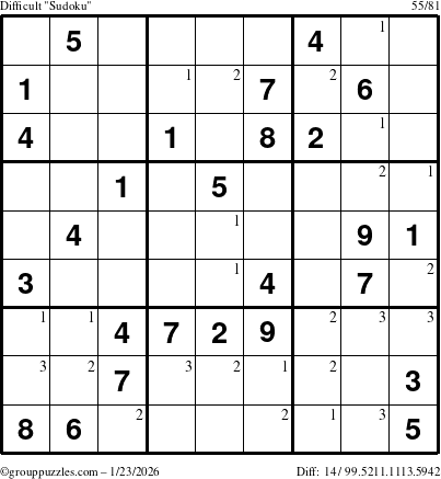 The grouppuzzles.com Difficult Sudoku puzzle for Friday January 23, 2026 with the first 3 steps marked