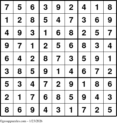 The grouppuzzles.com Answer grid for the Sudoku puzzle for Friday January 23, 2026