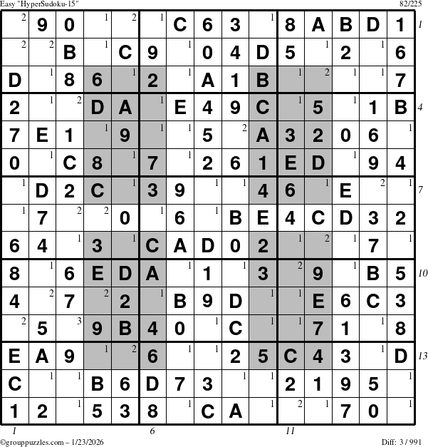 The grouppuzzles.com Easy HyperSudoku-15 puzzle for Friday January 23, 2026 with all 3 steps marked