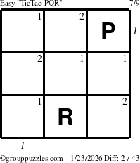The grouppuzzles.com Easy TicTac-PQR puzzle for Friday January 23, 2026, suitable for printing, with all 2 steps marked