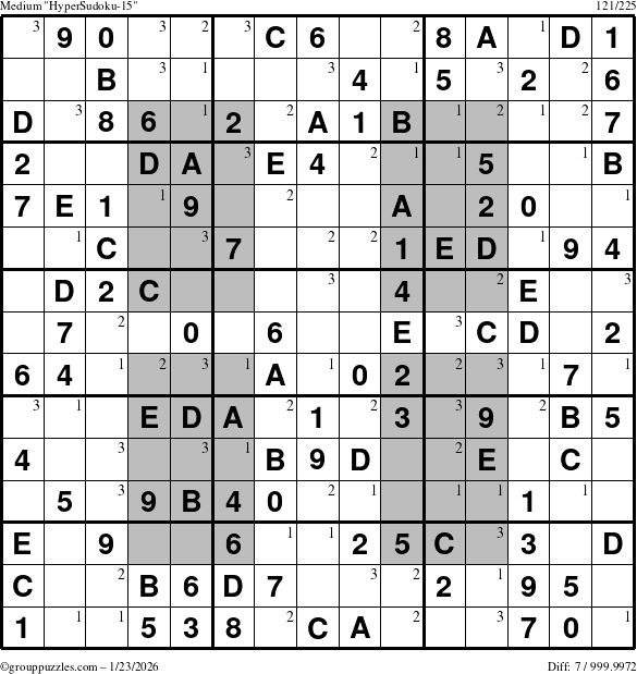 The grouppuzzles.com Medium HyperSudoku-15 puzzle for Friday January 23, 2026 with the first 3 steps marked