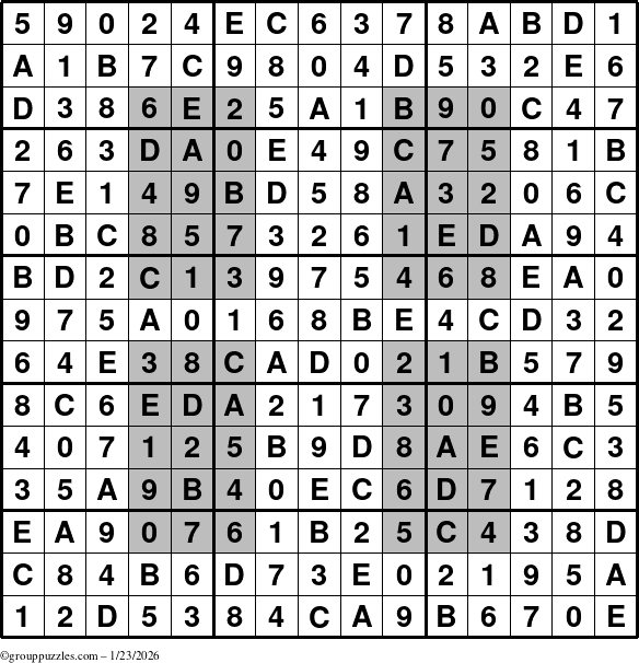 The grouppuzzles.com Answer grid for the HyperSudoku-15 puzzle for Friday January 23, 2026