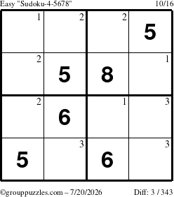 The grouppuzzles.com Easy Sudoku-4-5678 puzzle for Monday July 20, 2026 with the first 3 steps marked