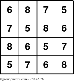 The grouppuzzles.com Answer grid for the Sudoku-4-5678 puzzle for Monday July 20, 2026