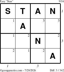 The grouppuzzles.com Easy Stan puzzle for Monday July 20, 2026 with all 3 steps marked