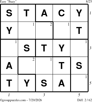 The grouppuzzles.com Easy Stacy puzzle for Monday July 20, 2026 with all 2 steps marked