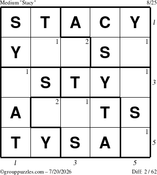 The grouppuzzles.com Medium Stacy puzzle for Monday July 20, 2026, suitable for printing, with all 2 steps marked