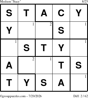 The grouppuzzles.com Medium Stacy puzzle for Monday July 20, 2026 with the first 2 steps marked