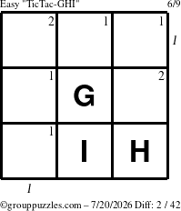 The grouppuzzles.com Easy TicTac-GHI puzzle for Monday July 20, 2026, suitable for printing, with all 2 steps marked
