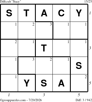 The grouppuzzles.com Difficult Stacy puzzle for Monday July 20, 2026 with all 3 steps marked