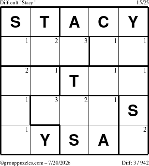 The grouppuzzles.com Difficult Stacy puzzle for Monday July 20, 2026 with the first 3 steps marked