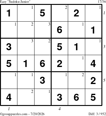 The grouppuzzles.com Easy Sudoku-Junior puzzle for Monday July 20, 2026 with all 3 steps marked