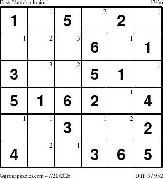 The grouppuzzles.com Easy Sudoku-Junior puzzle for Monday July 20, 2026 with the first 3 steps marked