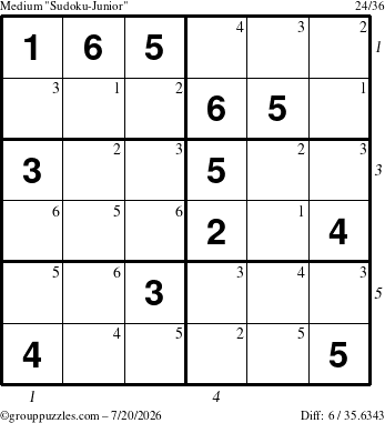 The grouppuzzles.com Medium Sudoku-Junior puzzle for Monday July 20, 2026 with all 6 steps marked