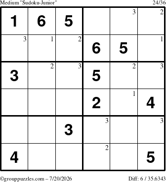 The grouppuzzles.com Medium Sudoku-Junior puzzle for Monday July 20, 2026 with the first 3 steps marked