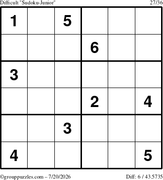 The grouppuzzles.com Difficult Sudoku-Junior puzzle for Monday July 20, 2026