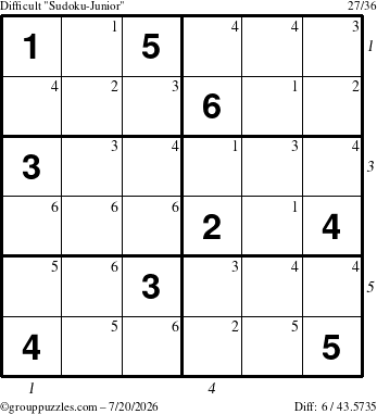 The grouppuzzles.com Difficult Sudoku-Junior puzzle for Monday July 20, 2026 with all 6 steps marked