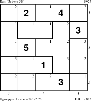 The grouppuzzles.com Easy Sudoku-5B puzzle for Monday July 20, 2026 with all 3 steps marked