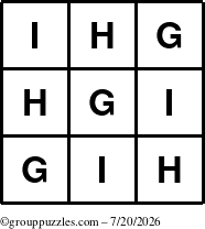 The grouppuzzles.com Answer grid for the TicTac-GHI puzzle for Monday July 20, 2026