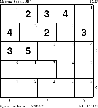The grouppuzzles.com Medium Sudoku-5B puzzle for Monday July 20, 2026 with all 4 steps marked