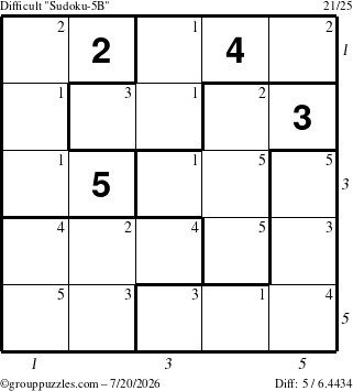 The grouppuzzles.com Difficult Sudoku-5B puzzle for Monday July 20, 2026, suitable for printing, with all 5 steps marked