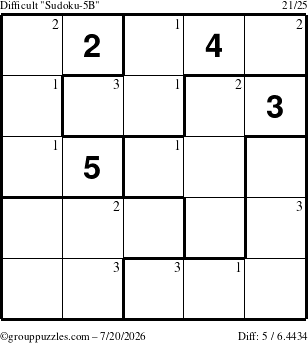 The grouppuzzles.com Difficult Sudoku-5B puzzle for Monday July 20, 2026 with the first 3 steps marked