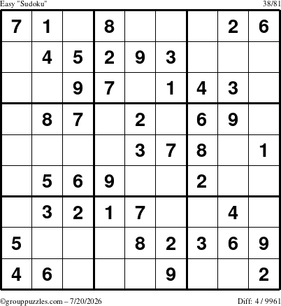 The grouppuzzles.com Easy Sudoku puzzle for Monday July 20, 2026