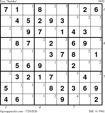 The grouppuzzles.com Easy Sudoku puzzle for Monday July 20, 2026 with all 4 steps marked