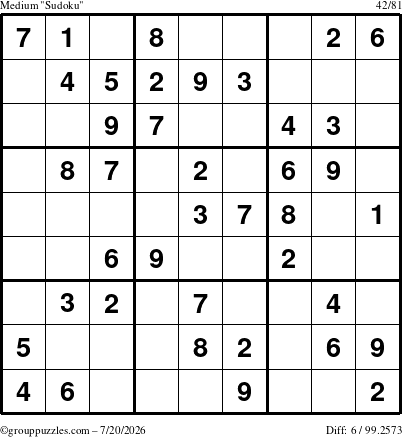 The grouppuzzles.com Medium Sudoku puzzle for Monday July 20, 2026